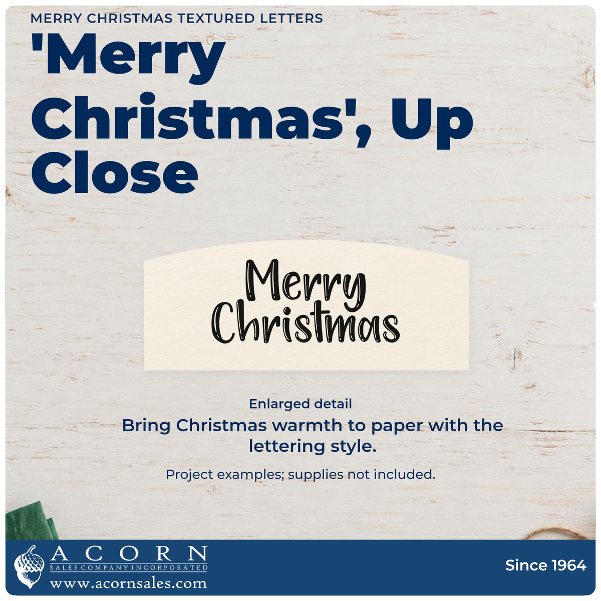 Enlarged detail of the Merry Christmas Textured Letters Wood Handle Stamp imprint. “Merry Christmas” appears in two rows of textured hand-drawn lettering.