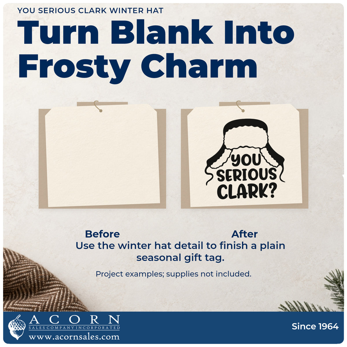 Before and after of a plain item finished with the You Serious Clark Winter Hat Hand Stamp – Duo, a quick upgrade for framed basement wall.