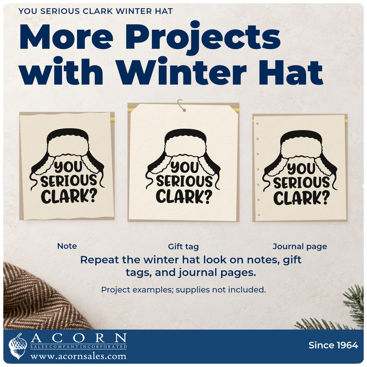 Three project examples made with the Self-Inking You Serious Clark Winter Hat Stamp, including watch party sheet.