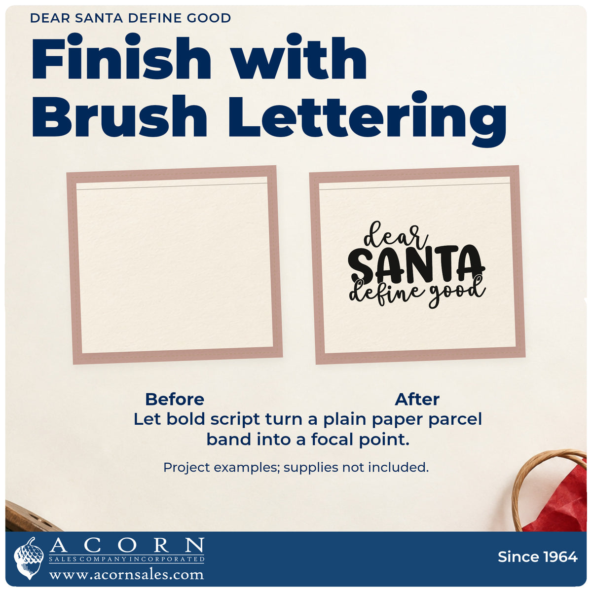 Before and after of a plain item finished with the Dear Santa Define Good Rubber Stamp – Duo Hand, a quick upgrade for framed bunk room.