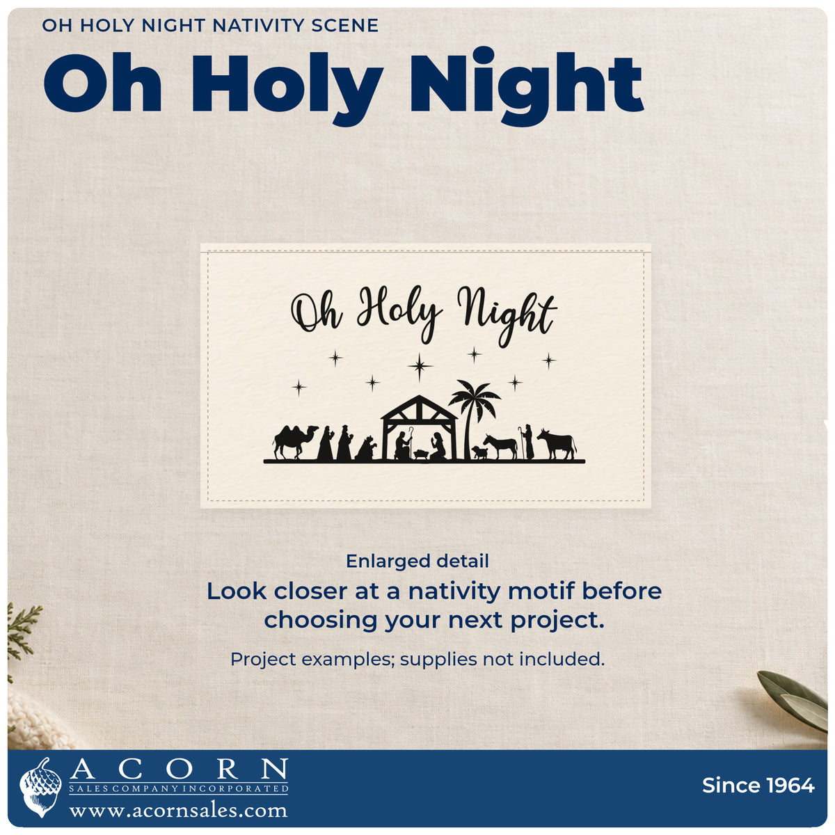 Enlarged detail of the Oh Holy Night Nativity Scene Tree Motif Rubber Stamp – Wood Handle imprint. “Oh Holy Night” sits above a nativity scene with a stable, people, animals, palm tree, and stars.