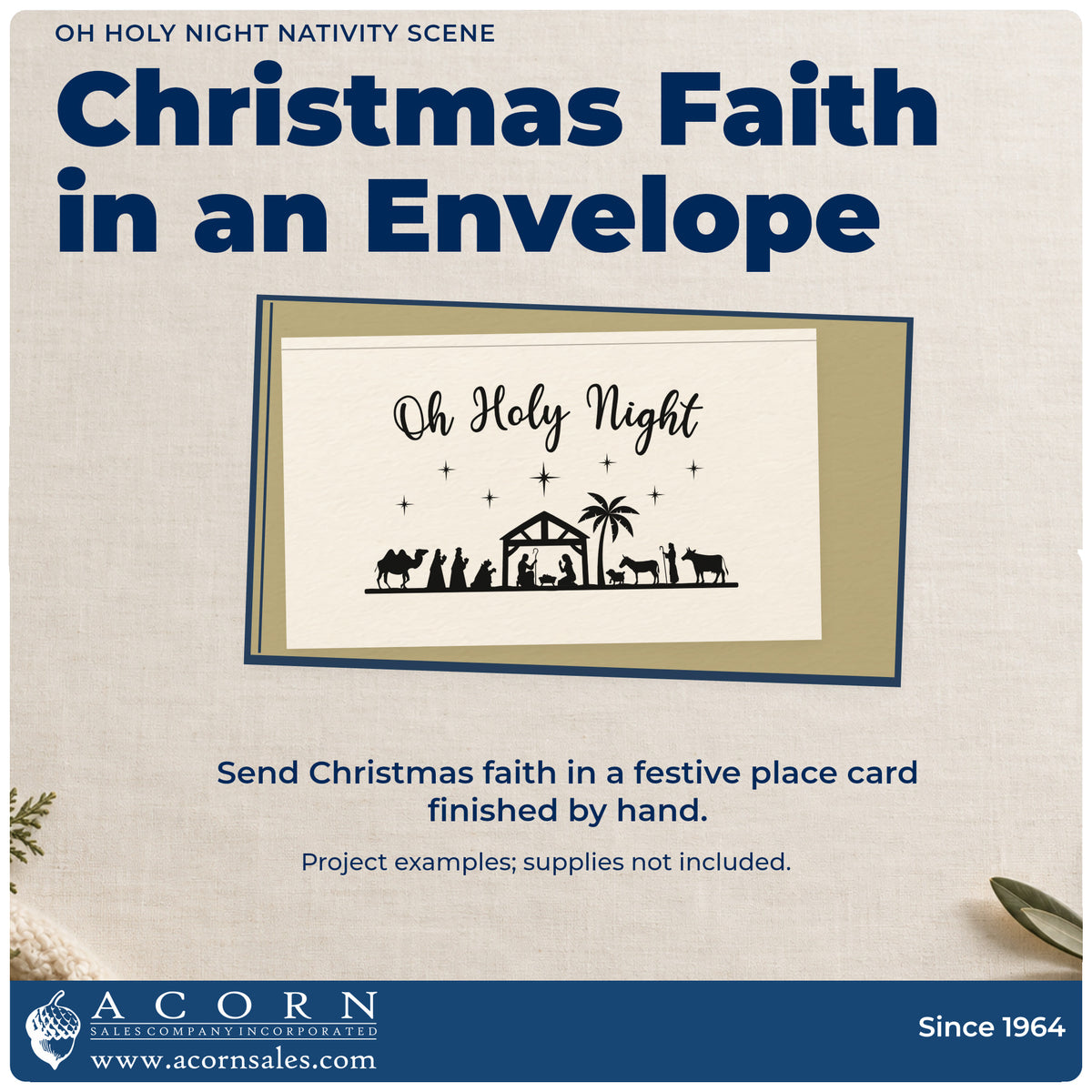 A finished handmade project stamped with the Oh Holy Night Nativity Scene Tree Motif Rubber Stamp – Wood Handle, ideal for christmas story album.