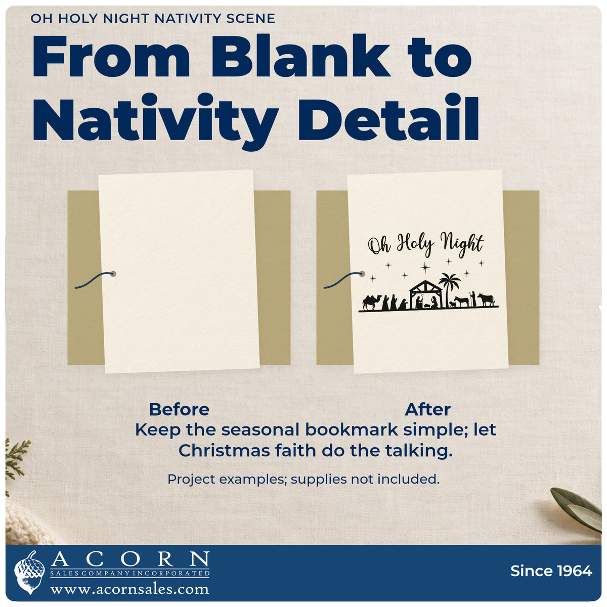 Before and after of a plain item finished with the Oh Holy Night Nativity Scene Tree Motif Rubber Stamp – Wood Handle, a quick upgrade for framed large panel.