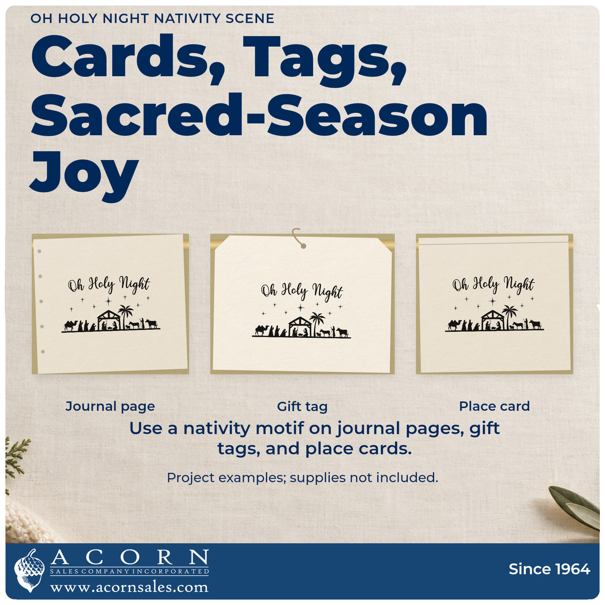 Three project examples made with the Oh Holy Night Nativity Scene Tree Motif Rubber Stamp – Wood Handle, including reading order sheet.