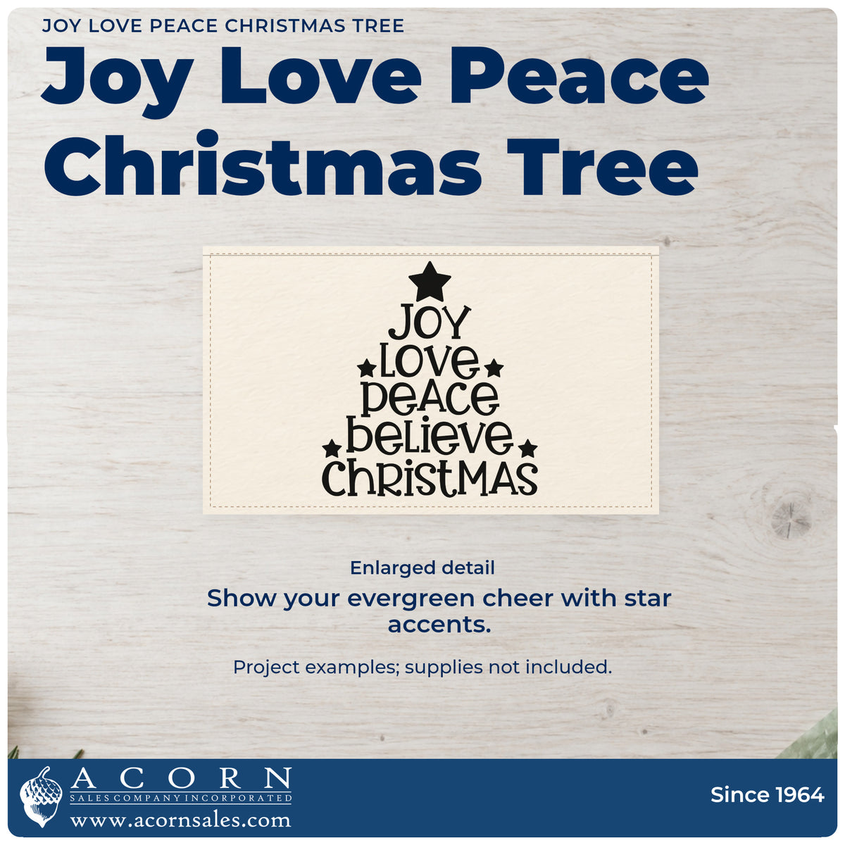 Enlarged detail of the Joy Love Peace Christmas Tree PSI Pre-Inked Stamp imprint. “Joy Love Peace Believe Christmas” forms a tree-shaped stack accented with stars.