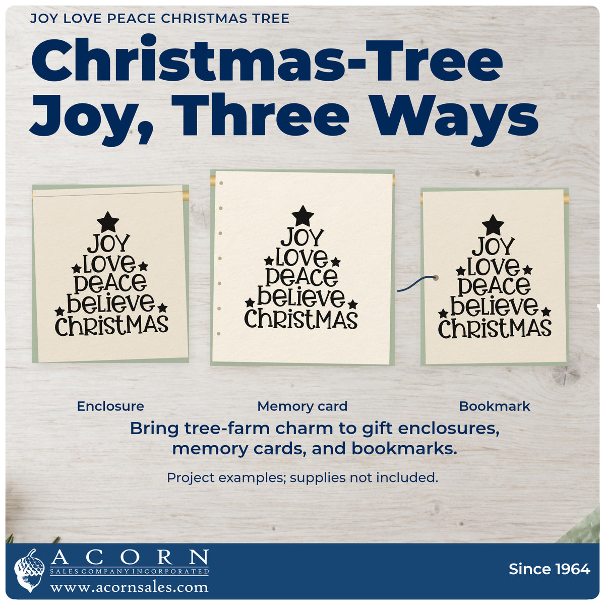 Three project examples made with the Joy Love Peace Christmas Tree Self-Inking Stamp, including intention list sheet.