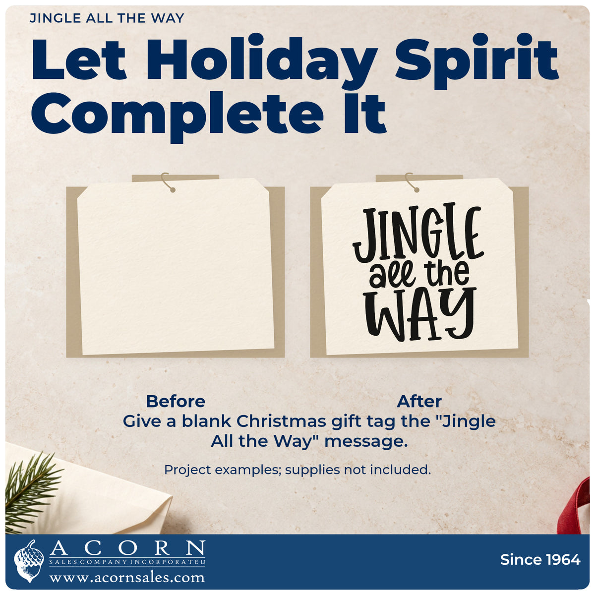 Before and after of a plain item finished with the Jingle All The Way Lettering Rubber Stamp – Wood Handle, a quick upgrade for framed square print.