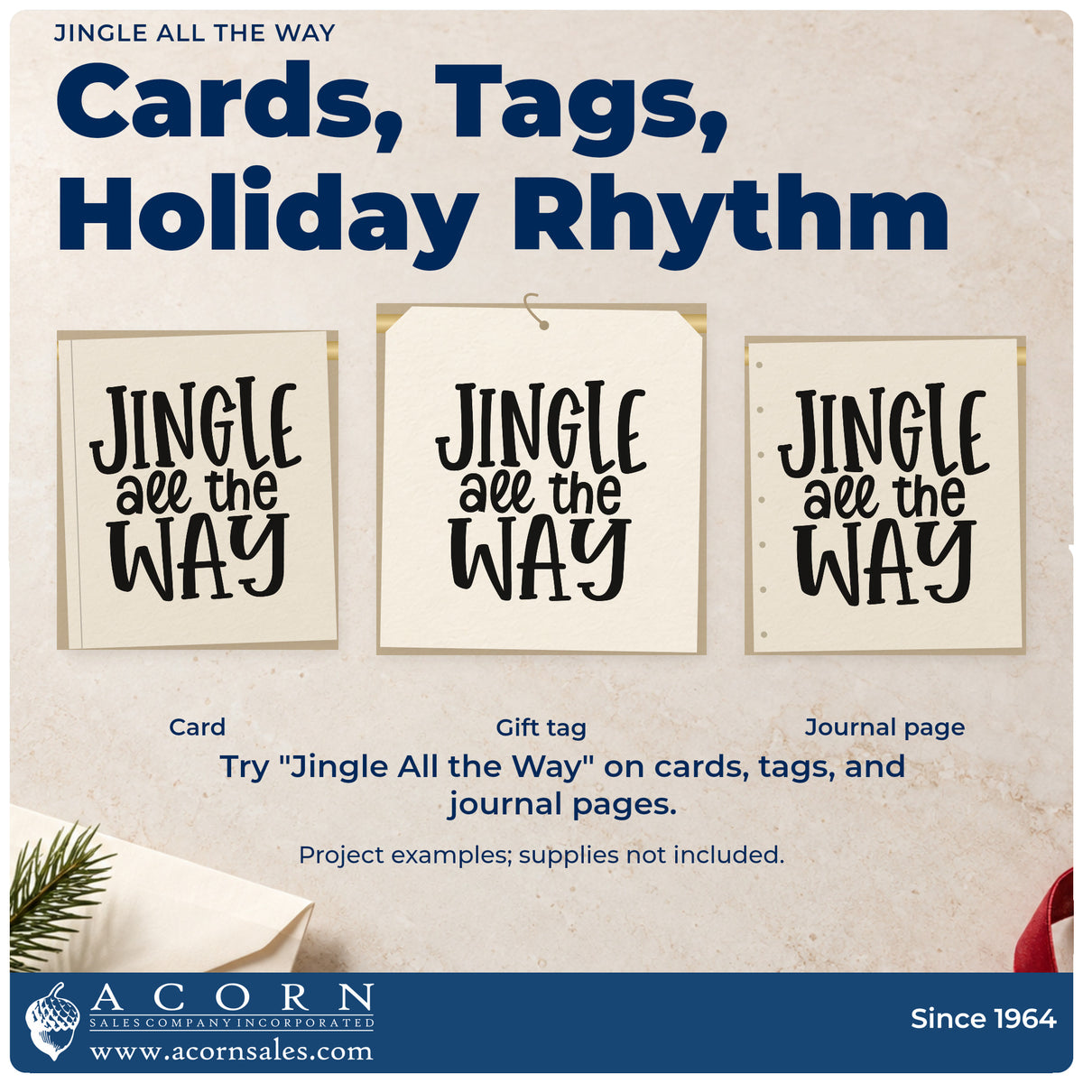 Three project examples made with the Jingle All The Way Lettering Premium Wooden Stamp – Vintage Pro, including cover sheet header.