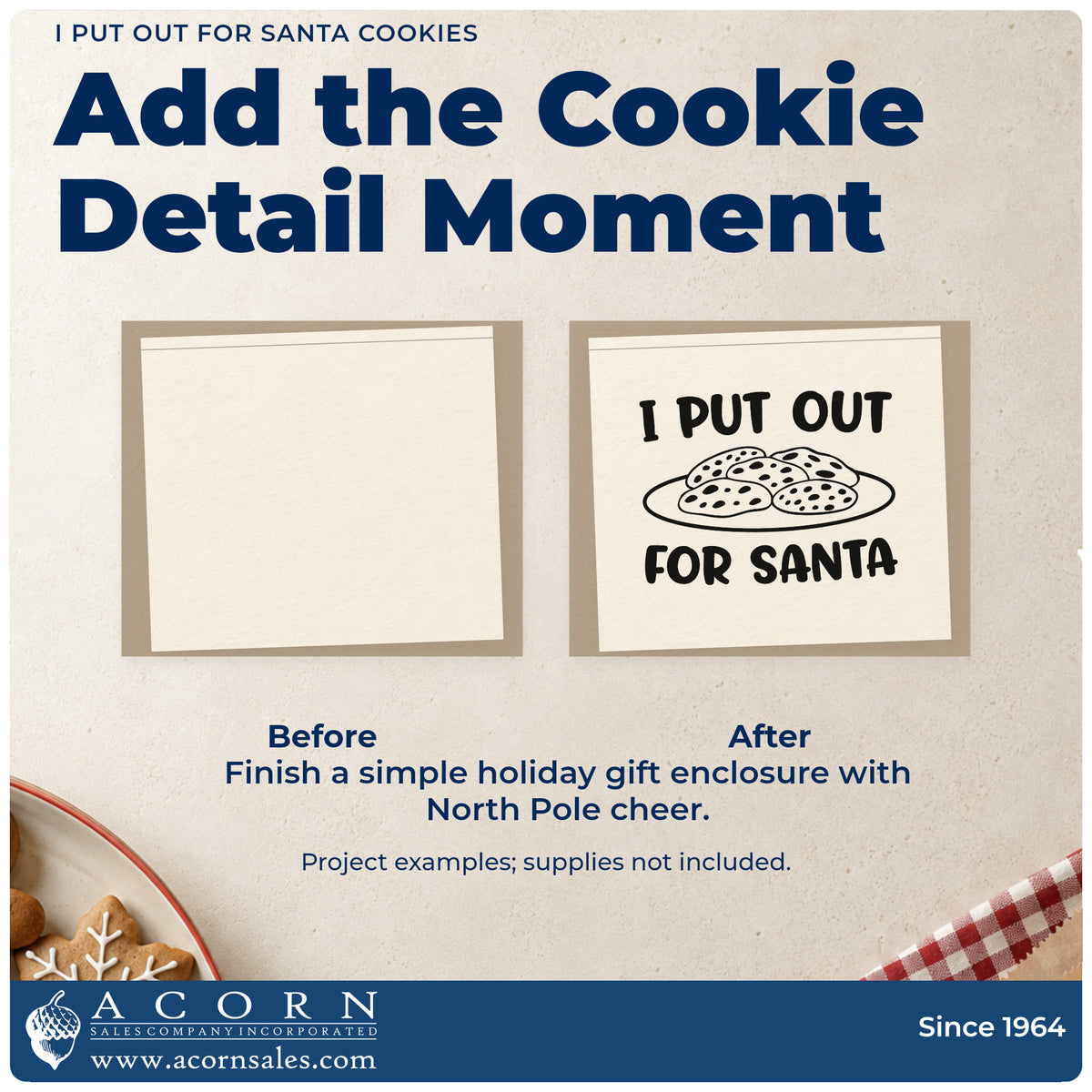Before and after of a plain item finished with the Wood Handle I Put Out For Santa Cookies Rubber Stamp, a quick upgrade for framed bar shelf.