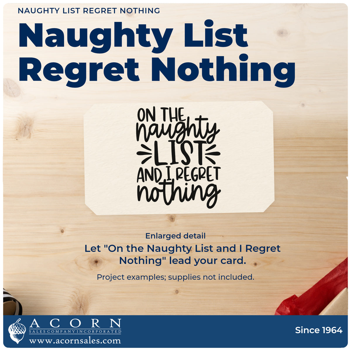 Enlarged detail of the Naughty List Regret Nothing Lettering Hand Stamp – Duo imprint. “On the Naughty List and I Regret Nothing” appears in mixed lettering with decorative rays.
