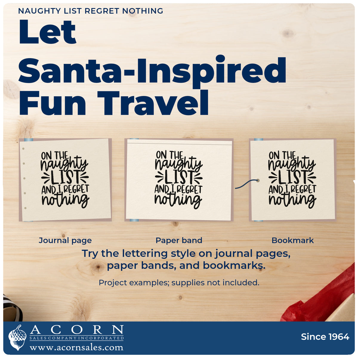 Three project examples made with the Naughty List Regret Nothing Lettering PSI Pre-Inked Stamp, including confession tally sheet.