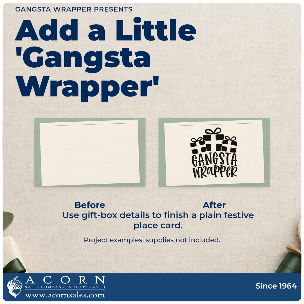 Before and after of a plain item finished with the Gangsta Wrapper Presents Premium Wood-Mounted Stamp – Vintage Pro, a quick upgrade for framed craft table.