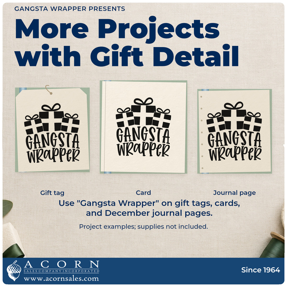 Three project examples made with the Gangsta Wrapper Presents Slim Pre-Inked Stamp, including supply order sheet.