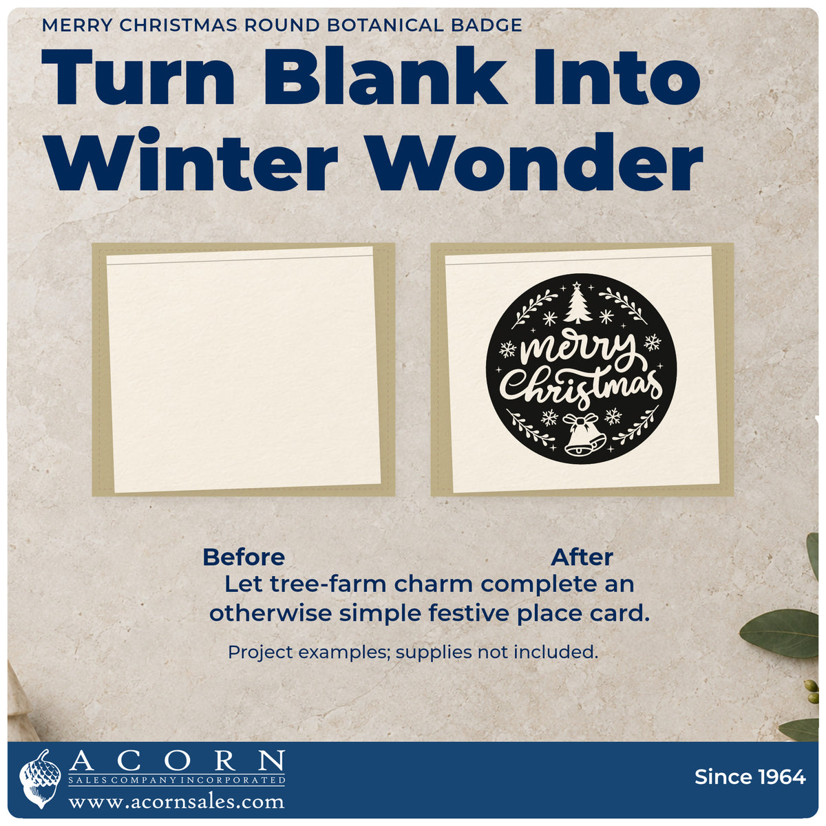 Before and after of a plain item finished with the Merry Christmas Round Botanical Badge Premium Wooden Stamp – Vintage Pro, a quick upgrade for framed round plaque.