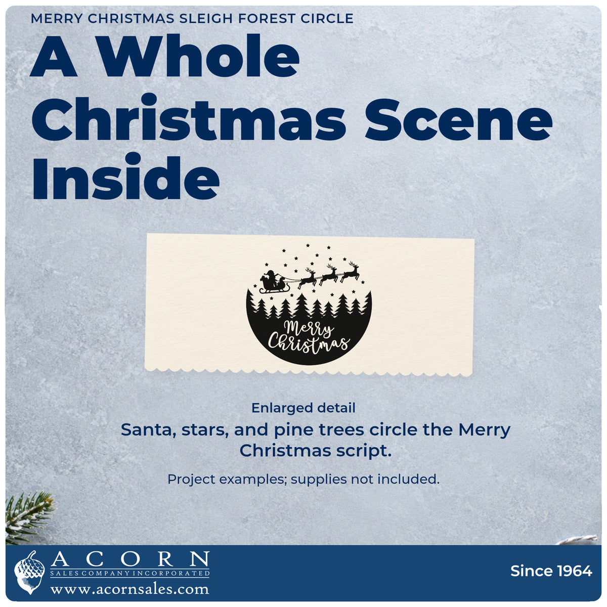Enlarged detail of the Merry Christmas Sleigh Forest Circle Slim Pre-Inked Stamp imprint. A circular design combines Santa's sleigh, reindeer, stars, pine trees, and script “Merry Christmas.”