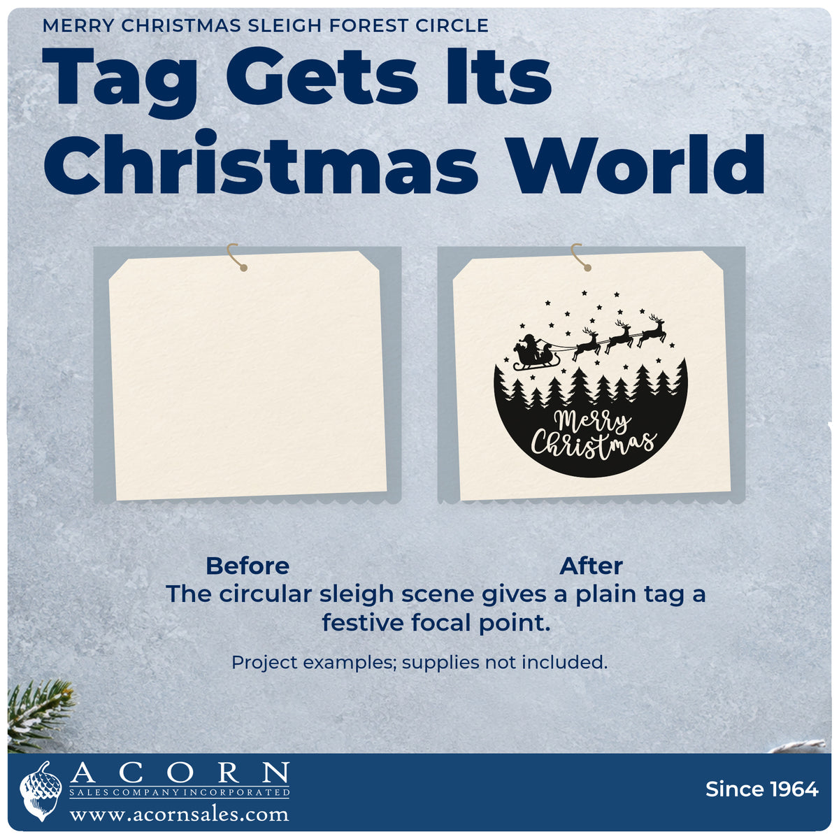 Before and after of a plain item finished with the Vintage Pro Merry Christmas Sleigh Forest Circle Premium Wooden Stamp, a quick upgrade for framed plate display.