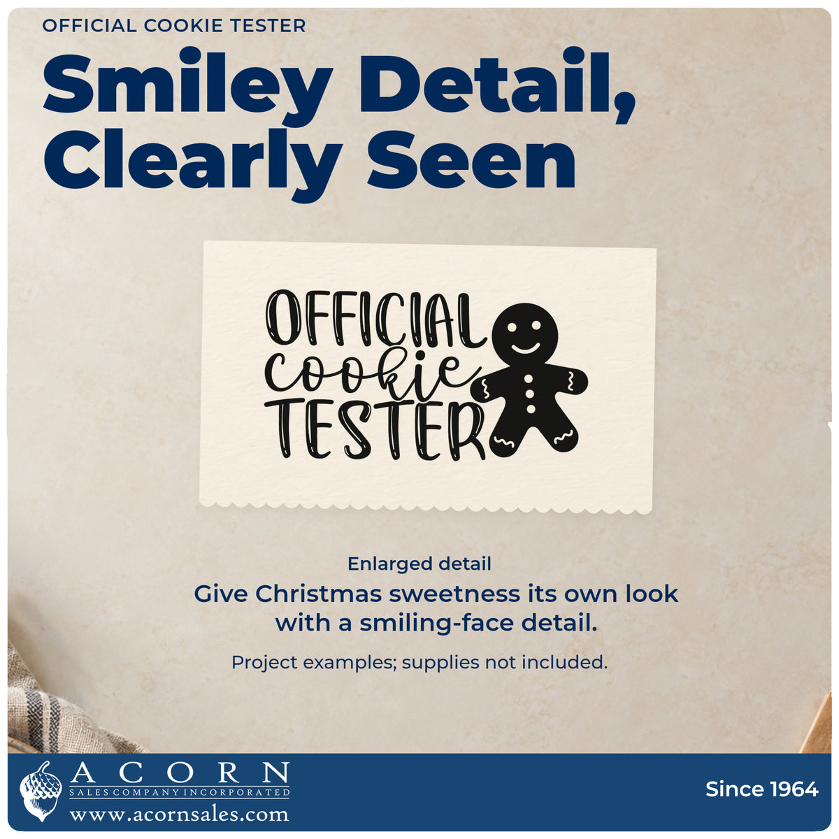 Enlarged detail of the Official Cookie Tester Gingerbread Rubber Stamp – Wood Handle imprint. “Official Cookie Tester” appears beside a smiling gingerbread figure.