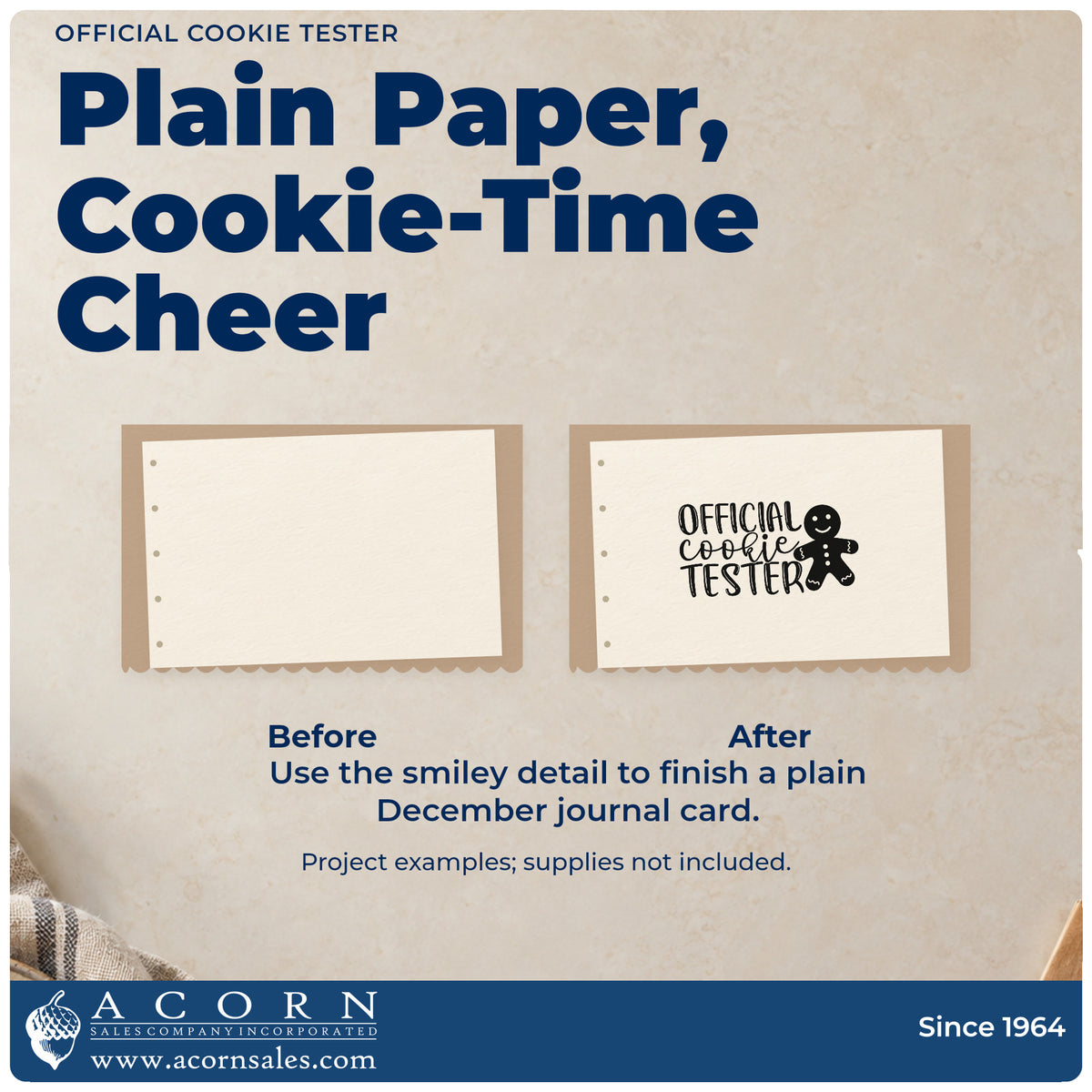 Before and after of a plain item finished with the Official Cookie Tester Gingerbread Rubber Stamp – Wood Handle, a quick upgrade for framed pantry nook.