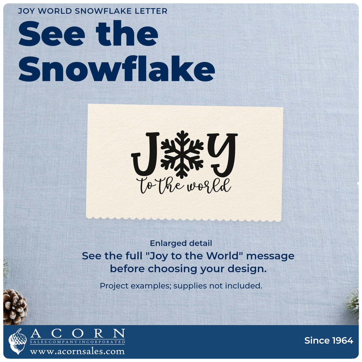 Enlarged detail of the Joy World Snowflake Letter Stamp – Wood Handle imprint. “Joy to the World” replaces the O in “Joy” with a large snowflake.