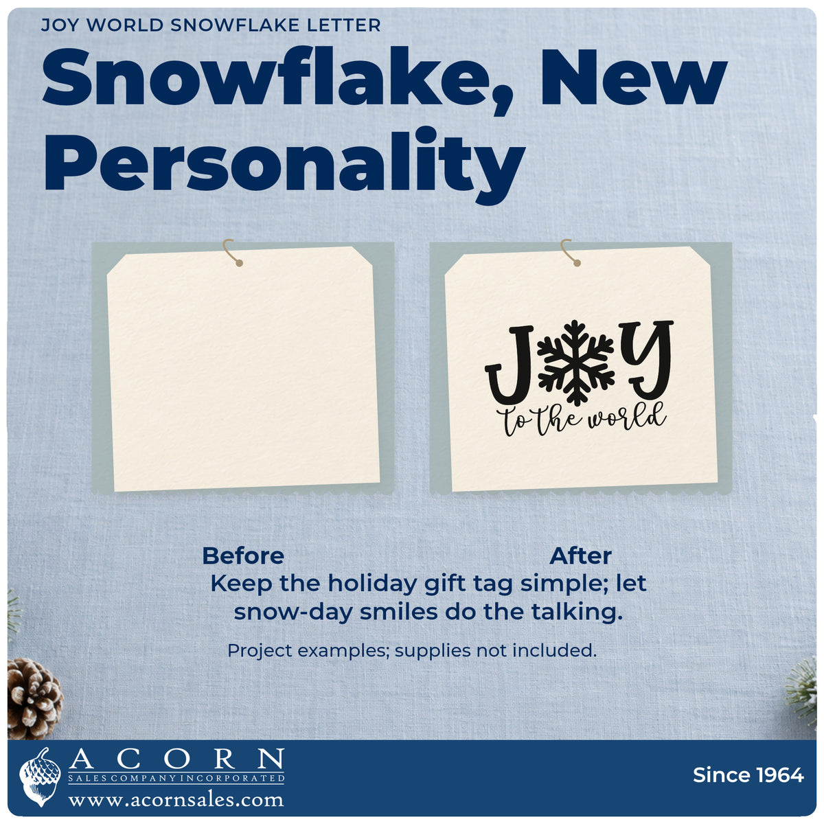 Before and after of a plain item finished with the Joy World Snowflake Letter Stamp – Wood Handle, a quick upgrade for framed winter window.