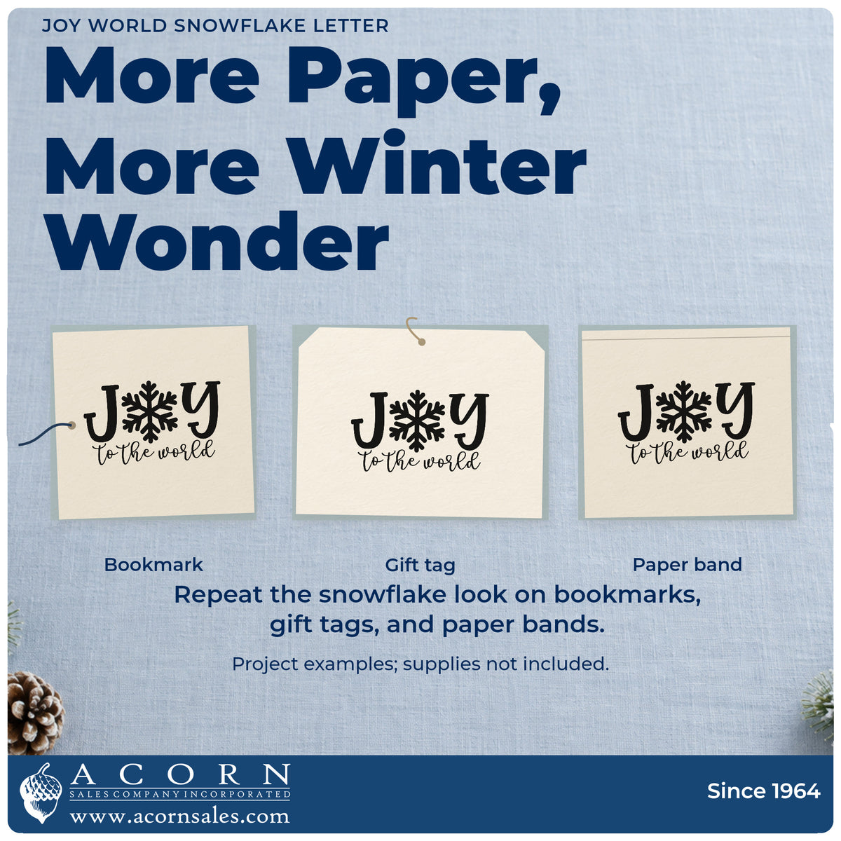 Three project examples made with the Joy World Snowflake Letter PSI Pre-Inked Stamp, including cutting pattern sheet.