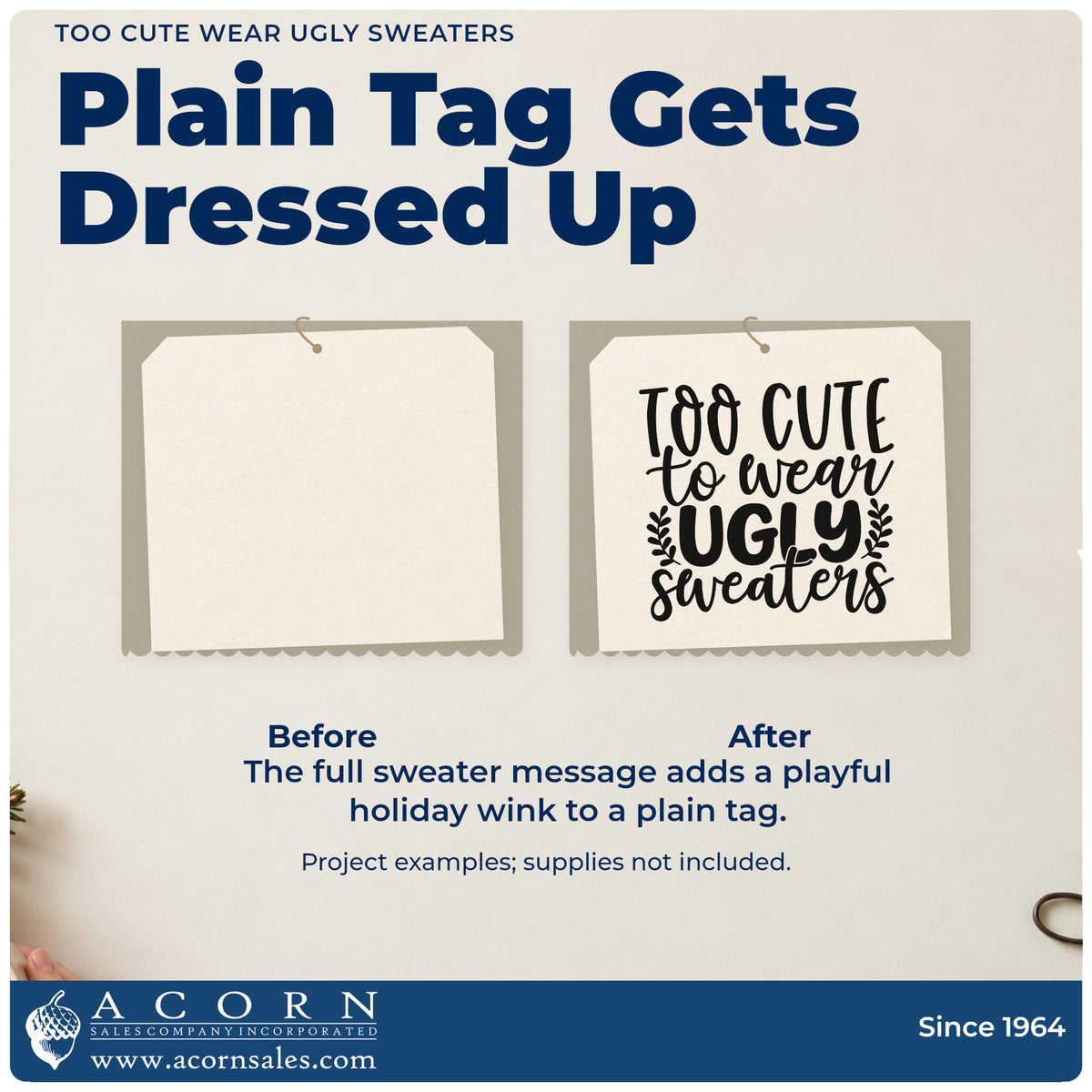 Before and after of a plain item finished with the Too Cute To Wear Ugly Sweaters Stamp – Premium Vintage Pro Wooden, a quick upgrade for framed desk shelf.