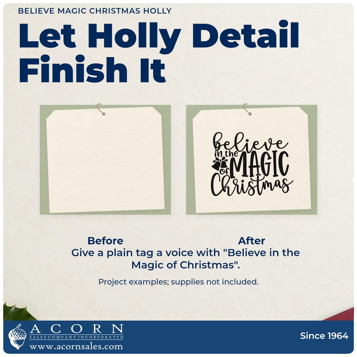 Before and after of a plain item finished with the Believe Magic Christmas Holly Self-Inking Craft Stamp, a quick upgrade for framed small ledge.