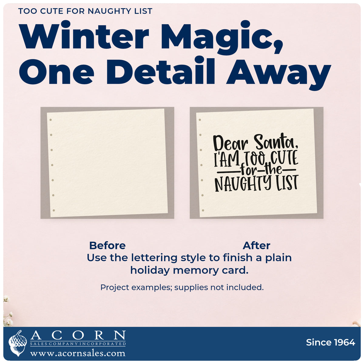 Before and after of a plain item finished with the Self-Inking Too Cute For The Naughty List Lettering Stamp, a quick upgrade for framed crib wall.