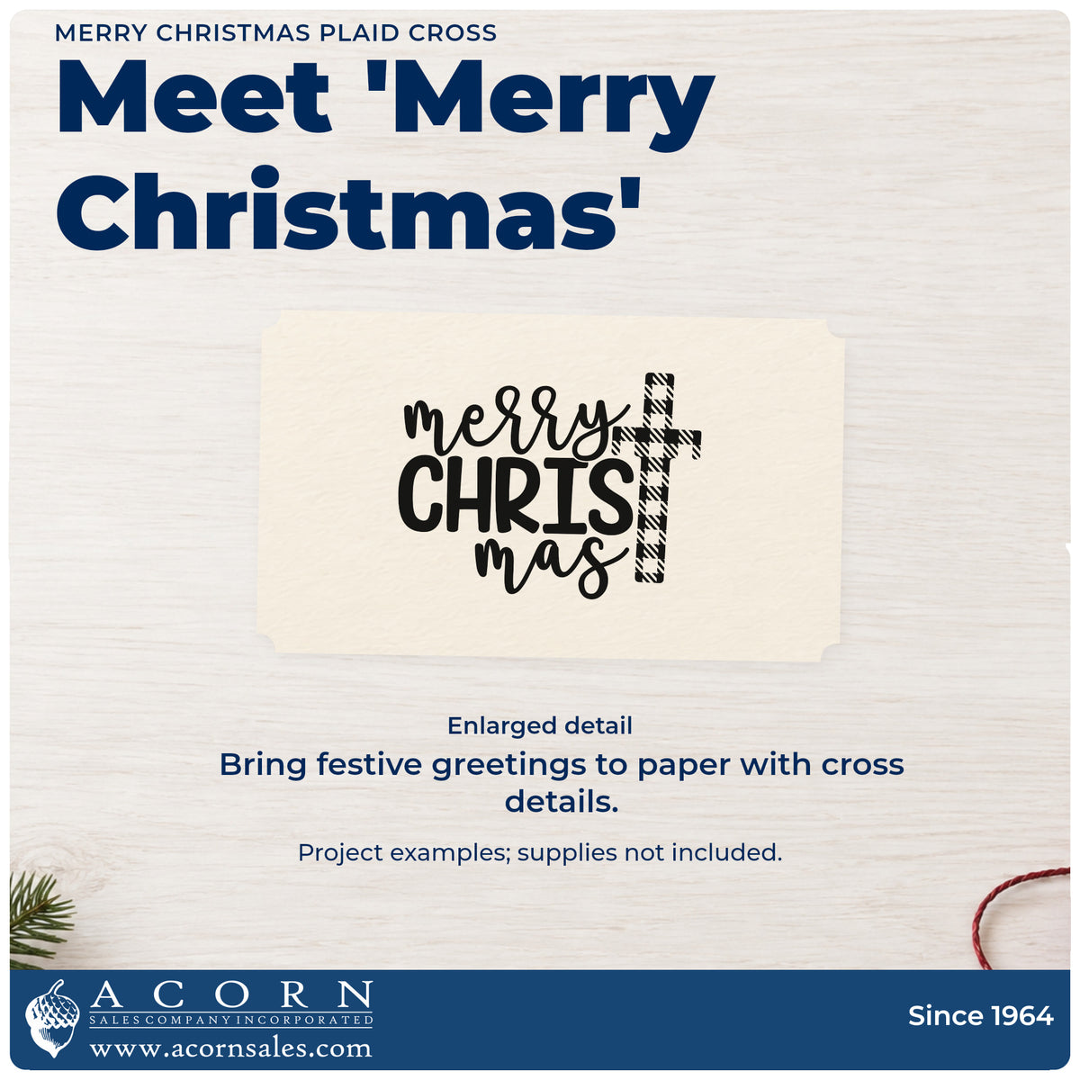 Enlarged detail of the Merry Christmas Plaid Cross Slim Pre-Inked Stamp imprint. “Merry Christmas” is arranged around a tall plaid-patterned cross.