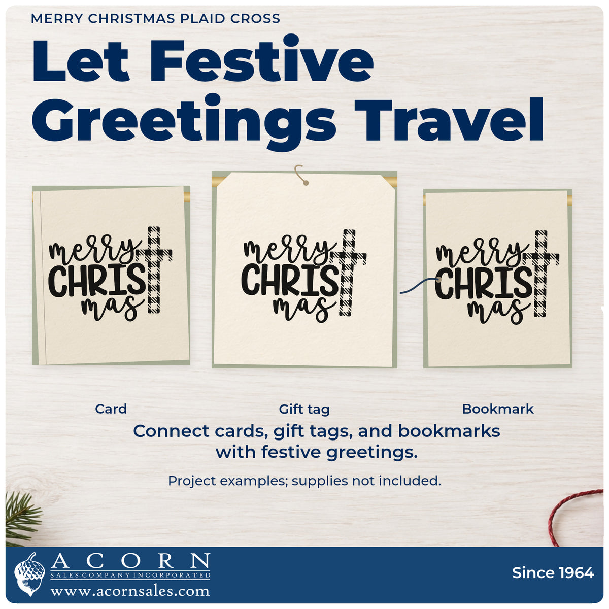 Three project examples made with the Merry Christmas Plaid Cross Stamp – Premium Vintage Pro Wooden, including service plan sheet.