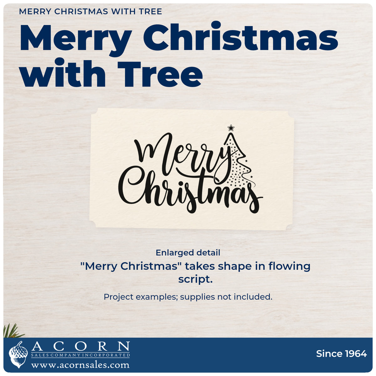 Enlarged detail of the Merry Christmas With Tree Wood Handle Stamp imprint. “Merry Christmas” appears in flowing script beside a slim dotted Christmas tree.