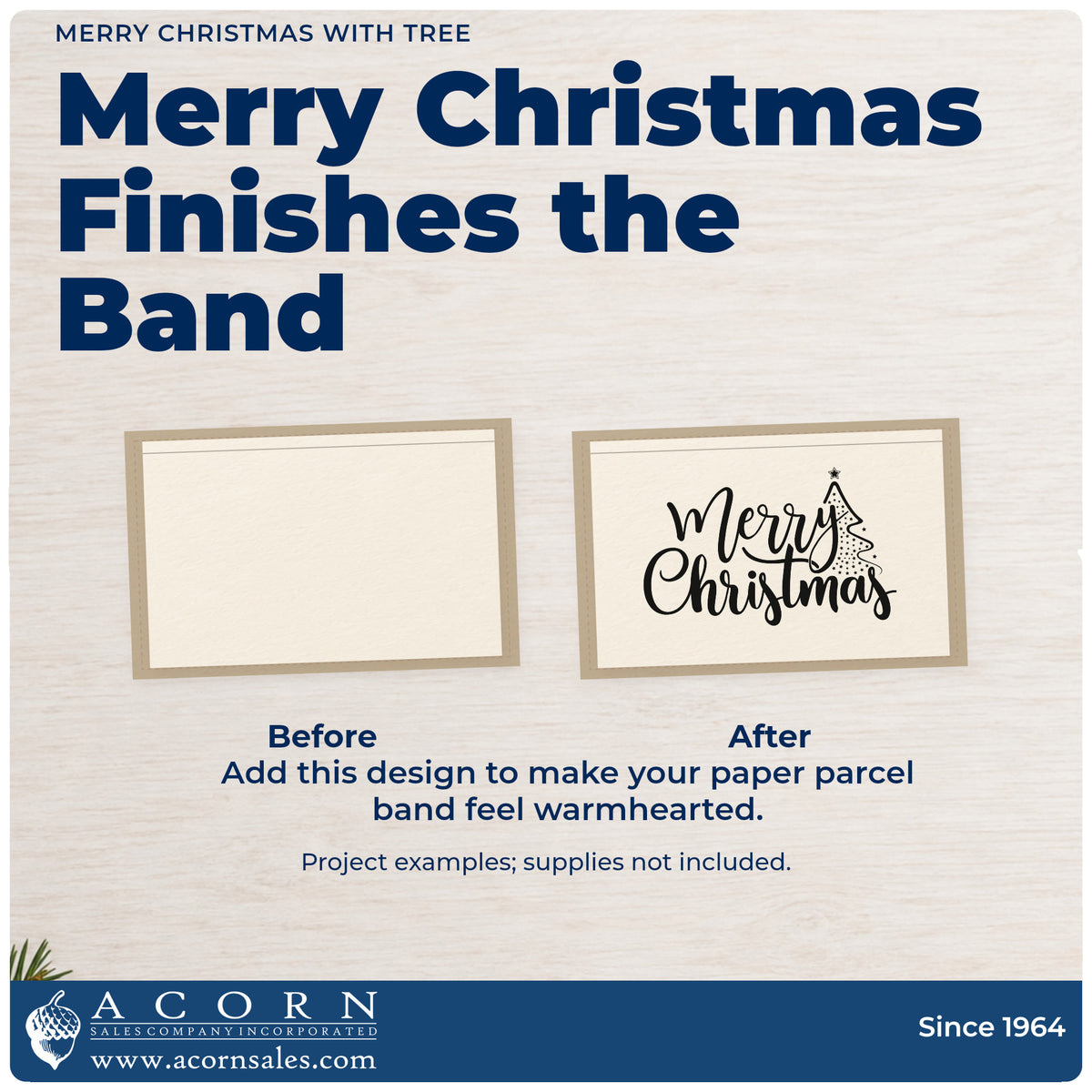 Before and after of a plain item finished with the Merry Christmas With Tree Slim Pre-Inked Stamp, a quick upgrade for framed door casing.