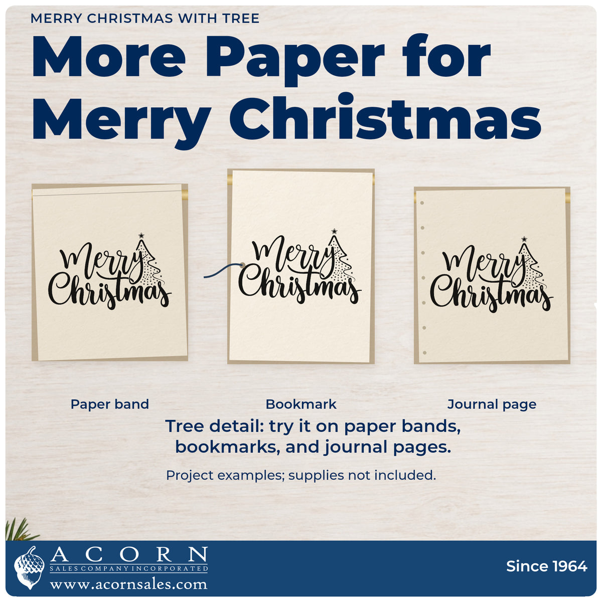 Three project examples made with the Merry Christmas With Tree Wood Handle Stamp, including margin accent planner.