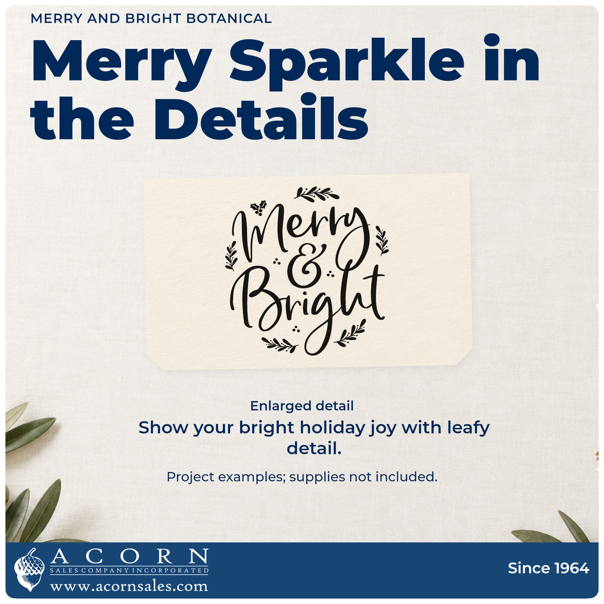 Enlarged detail of the Merry And Bright Botanical Leafy Branches Rubber Stamp – Wood Handle imprint. “Merry & Bright” is framed by small leafy branches and dot accents.