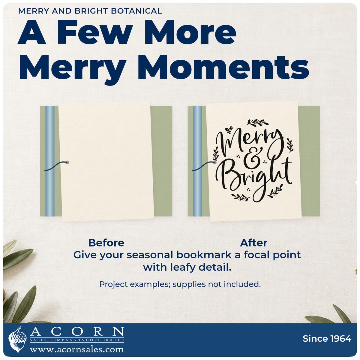 Before and after of a plain item finished with the Merry And Bright Botanical Leafy Branches PSI Pre-Inked Stamp, a quick upgrade for framed sample board.