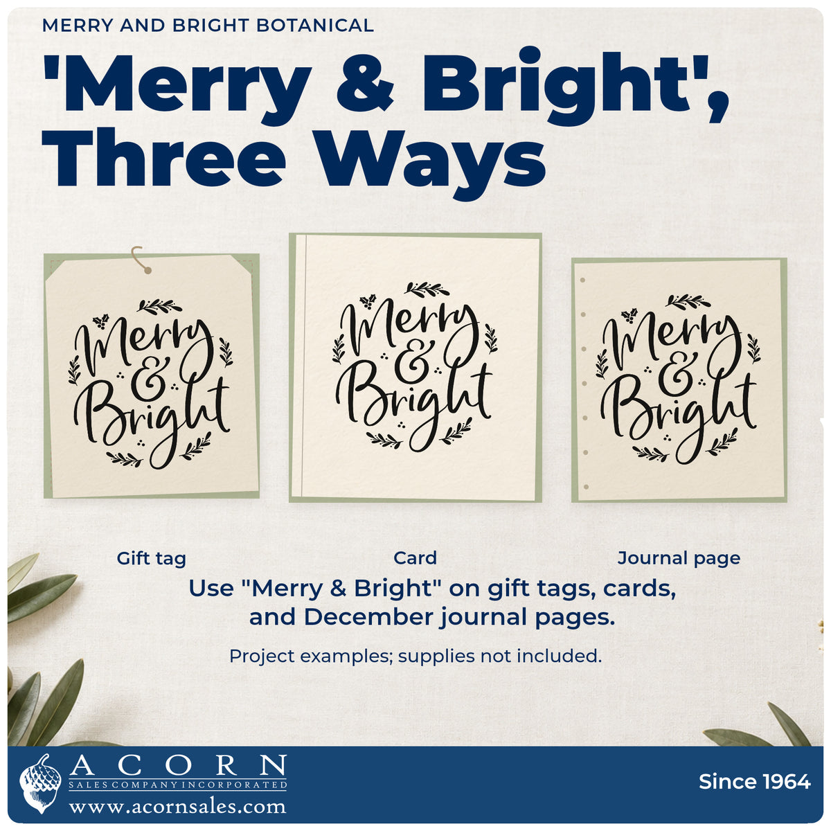 Three project examples made with the Merry And Bright Botanical Leafy Branches Premium Wooden Stamp – Vintage Pro, including letter sheet header.