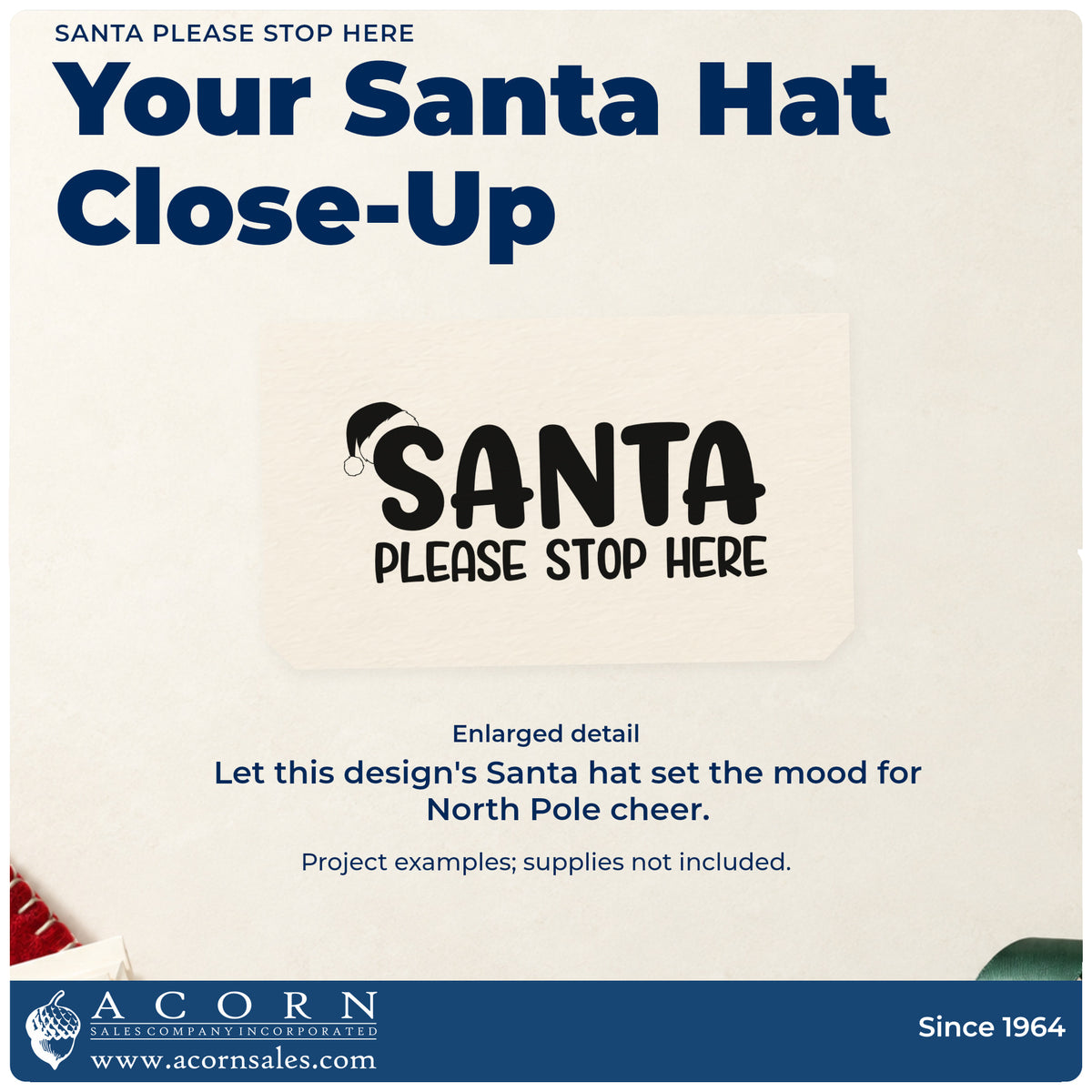 Enlarged detail of the Santa Please Stop Here Hat Rubber Stamp – Wood Handle imprint. “Santa Please Stop Here” features a Santa hat on the first letter.