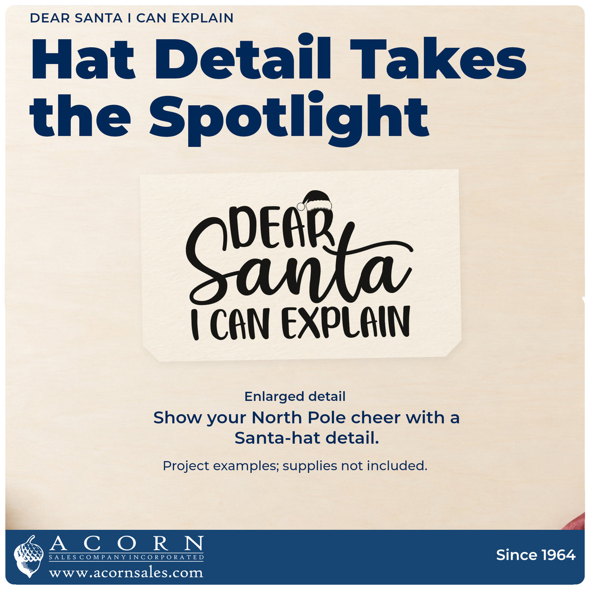 Enlarged detail of the Dear Santa I Can Explain Rubber Stamp – Duo Hand imprint. “Dear Santa I Can Explain” combines bold lettering and large script with a small Santa hat.