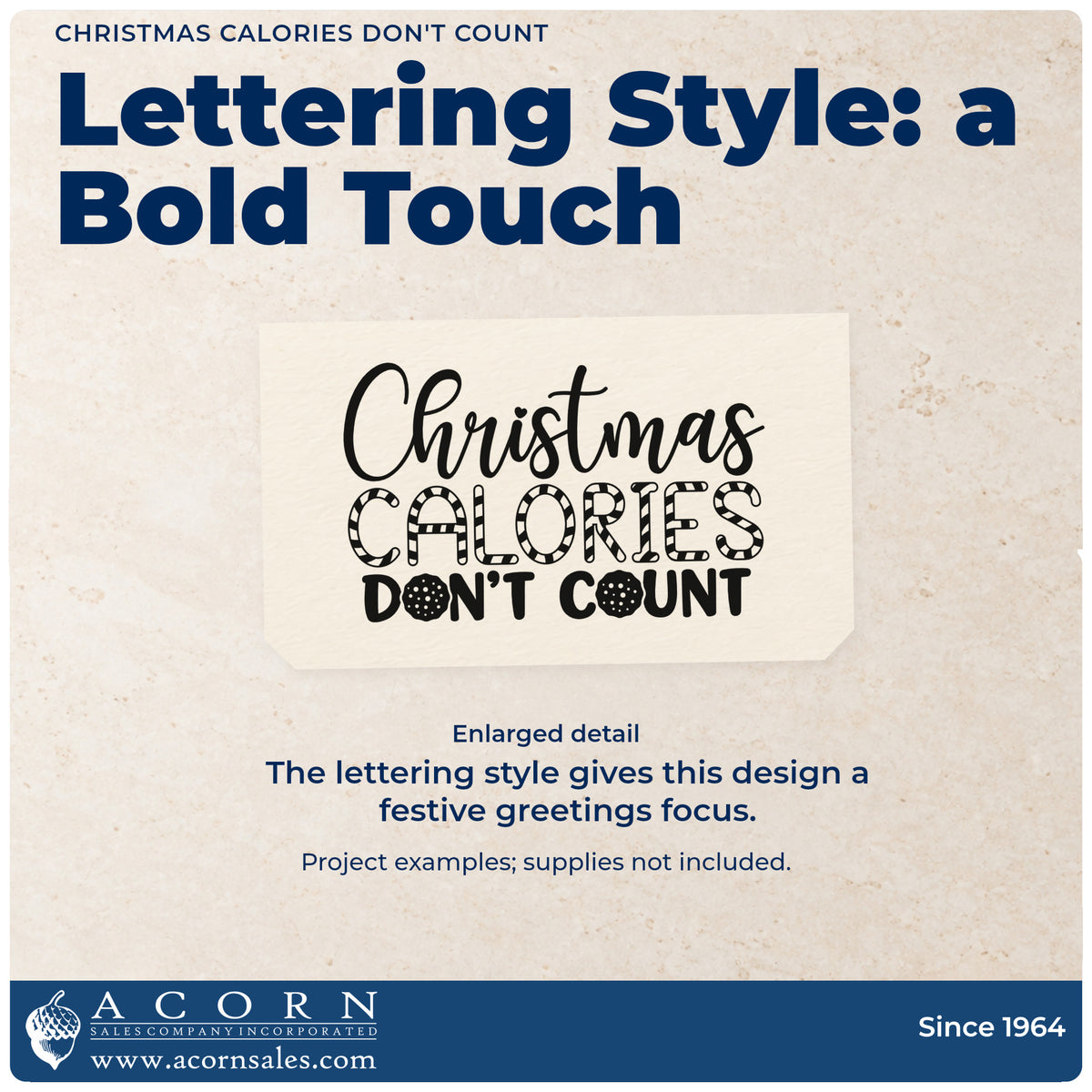 Enlarged detail of the Christmas Calories Don't Count Script Lettering Rubber Stamp – Wood Handle imprint. “Christmas Calories Don't Count” combines script, patterned capitals, and bold lettering.