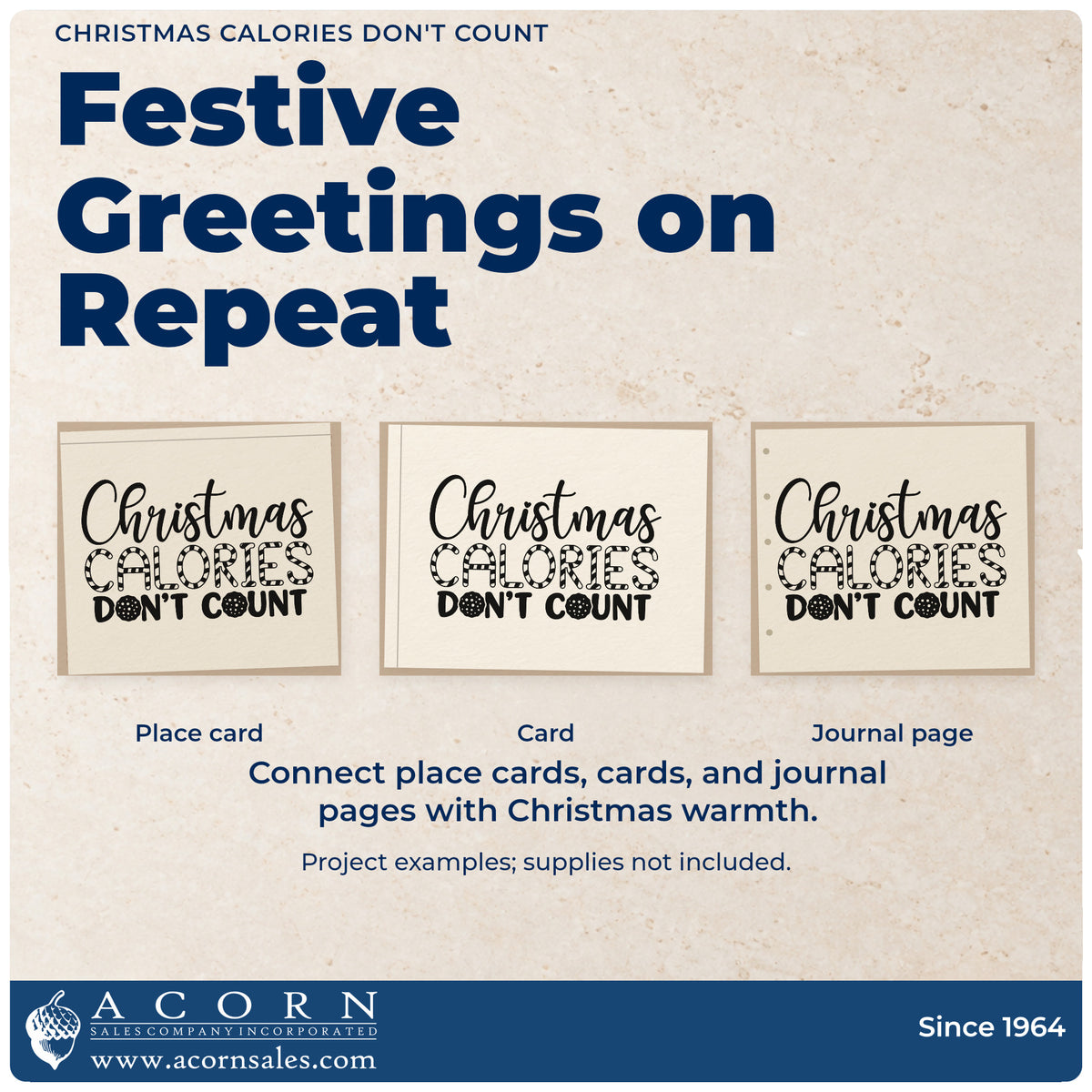 Three project examples made with the Christmas Calories Don't Count Script Lettering Rubber Stamp – Wood Handle, including workout log sheet.