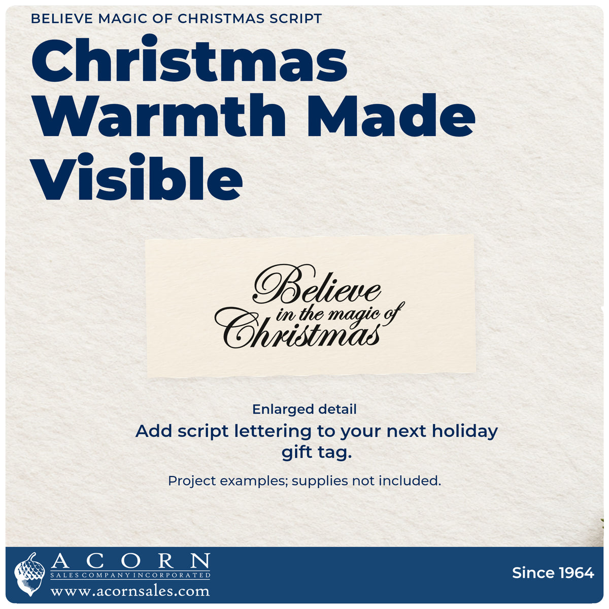 Enlarged detail of the Believe In The Magic Of Christmas Wood Handle Stamp imprint. “Believe in the Magic of Christmas” appears in elegant slanted script.