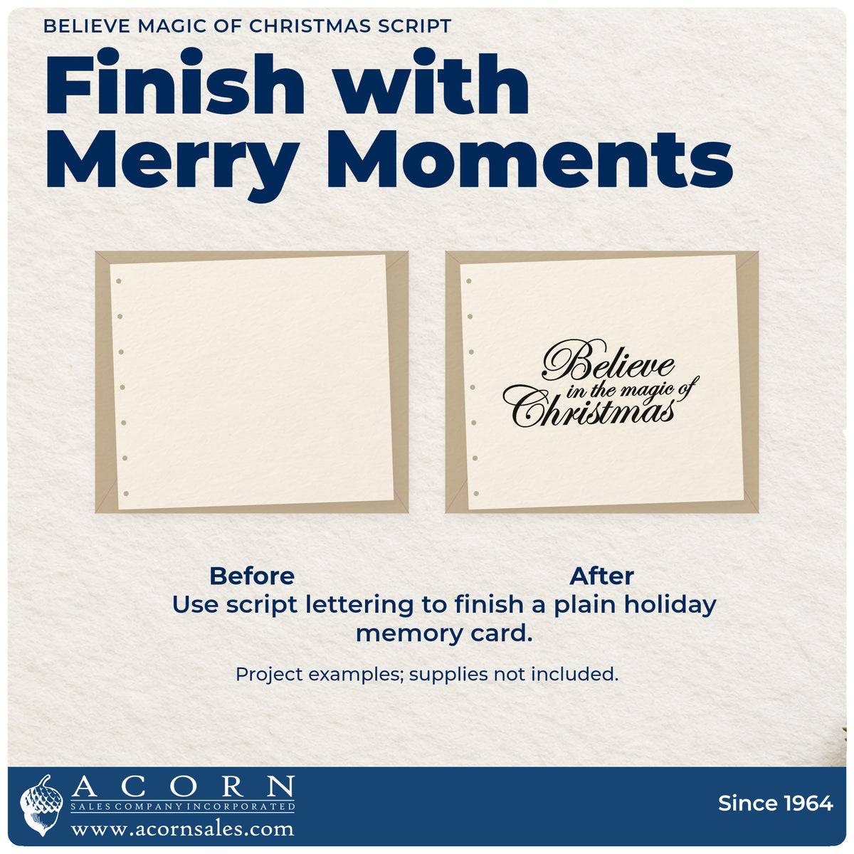 Before and after of a plain item finished with the Believe In The Magic Of Christmas Self-Inking Craft Stamp, a quick upgrade for framed aisle easel.