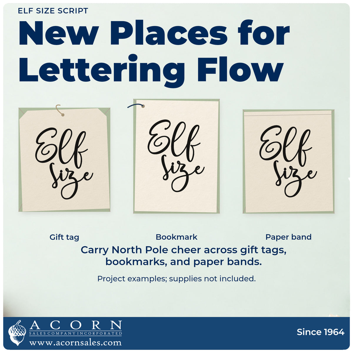 Three project examples made with the Elf Size Script Rubber Stamp – Wood Handle, including sizing chart header.