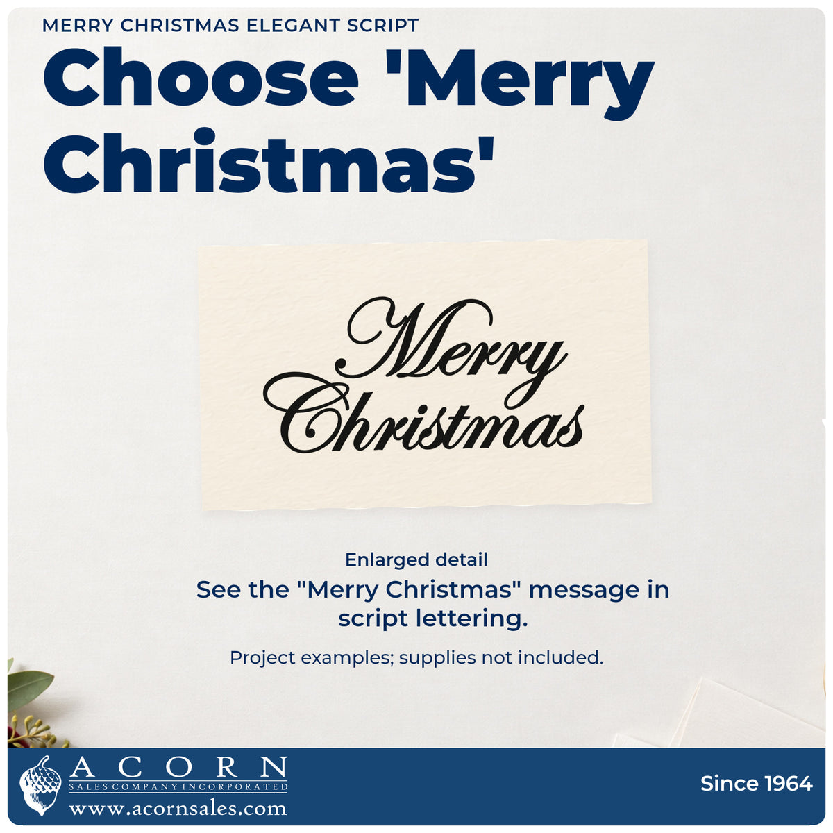 Enlarged detail of the Merry Christmas Elegant Script Lettering Stamp – Self-Inking imprint. Two rows of slanted ornamental script read “Merry Christmas.”
