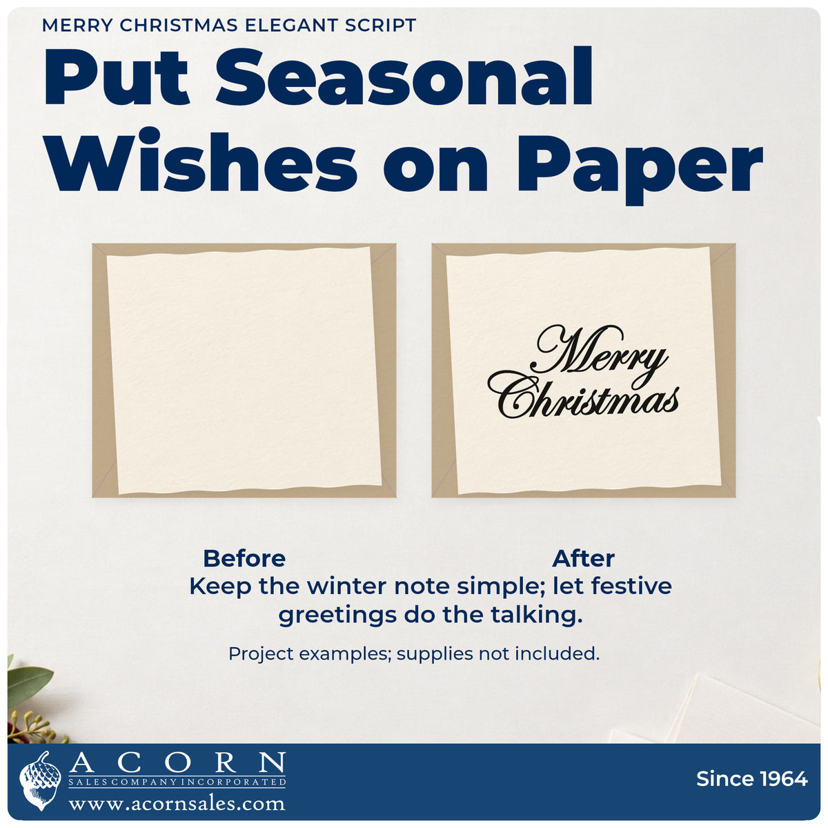 Before and after of a plain item finished with the Merry Christmas Elegant Script Lettering Stamp – Self-Inking, a quick upgrade for framed calligraphy wall.