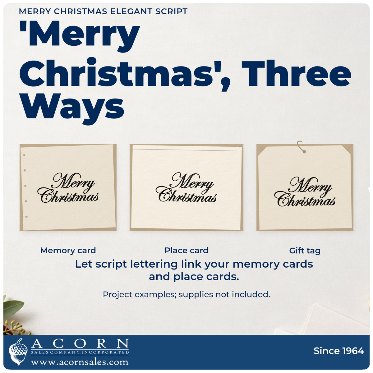 Three project examples made with the Merry Christmas Elegant Script Lettering Stamp – Self-Inking, including stroke drill header.
