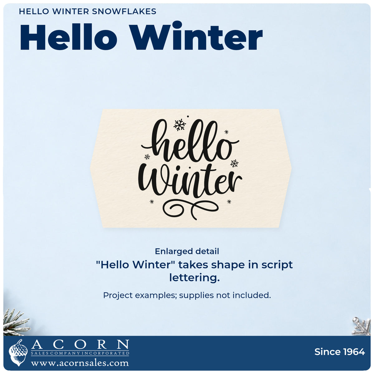 Enlarged detail of the Hello Winter Snowflakes Premium Wood-Mounted Stamp – Vintage Pro imprint. “Hello Winter” appears in thick script with snowflakes and a looping underline.