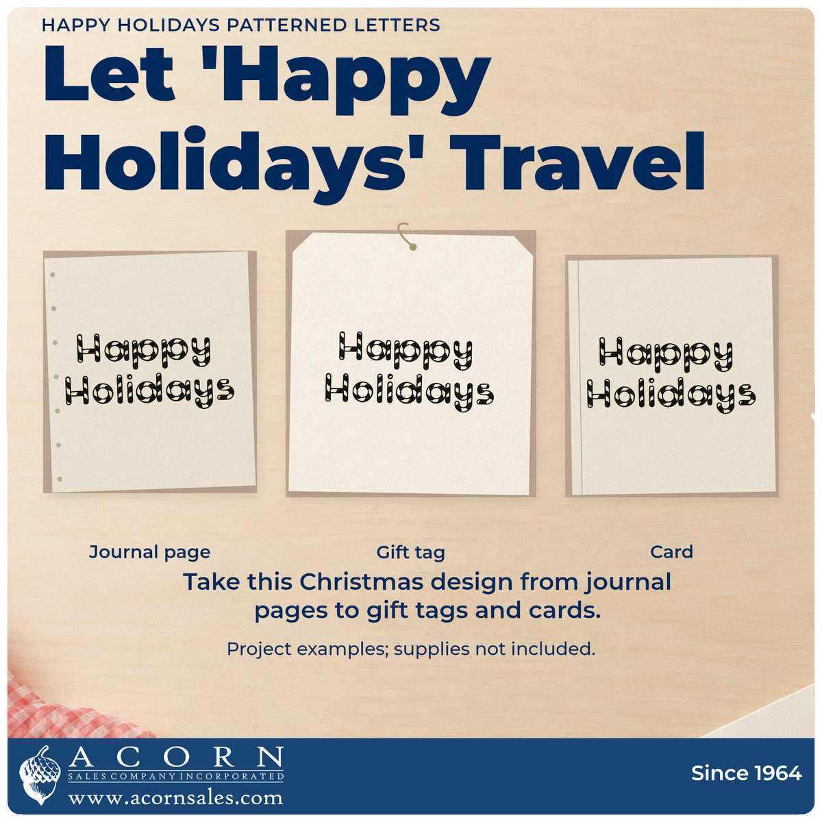 Three project examples made with the Happy Holidays Patterned Letters Block Lettering Pre-Inked Stamp – Slim, including activity page header.