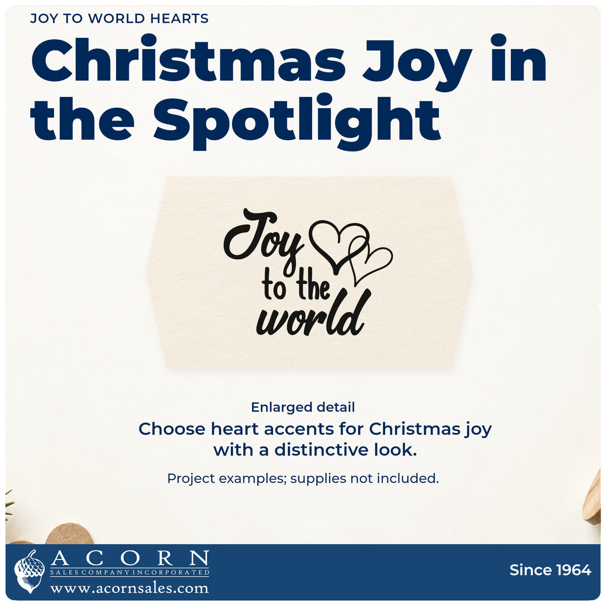 Enlarged detail of the Joy To World Hearts Premium Wooden Stamp – Vintage Pro imprint. “Joy to the World” appears beside two overlapping outlined hearts.