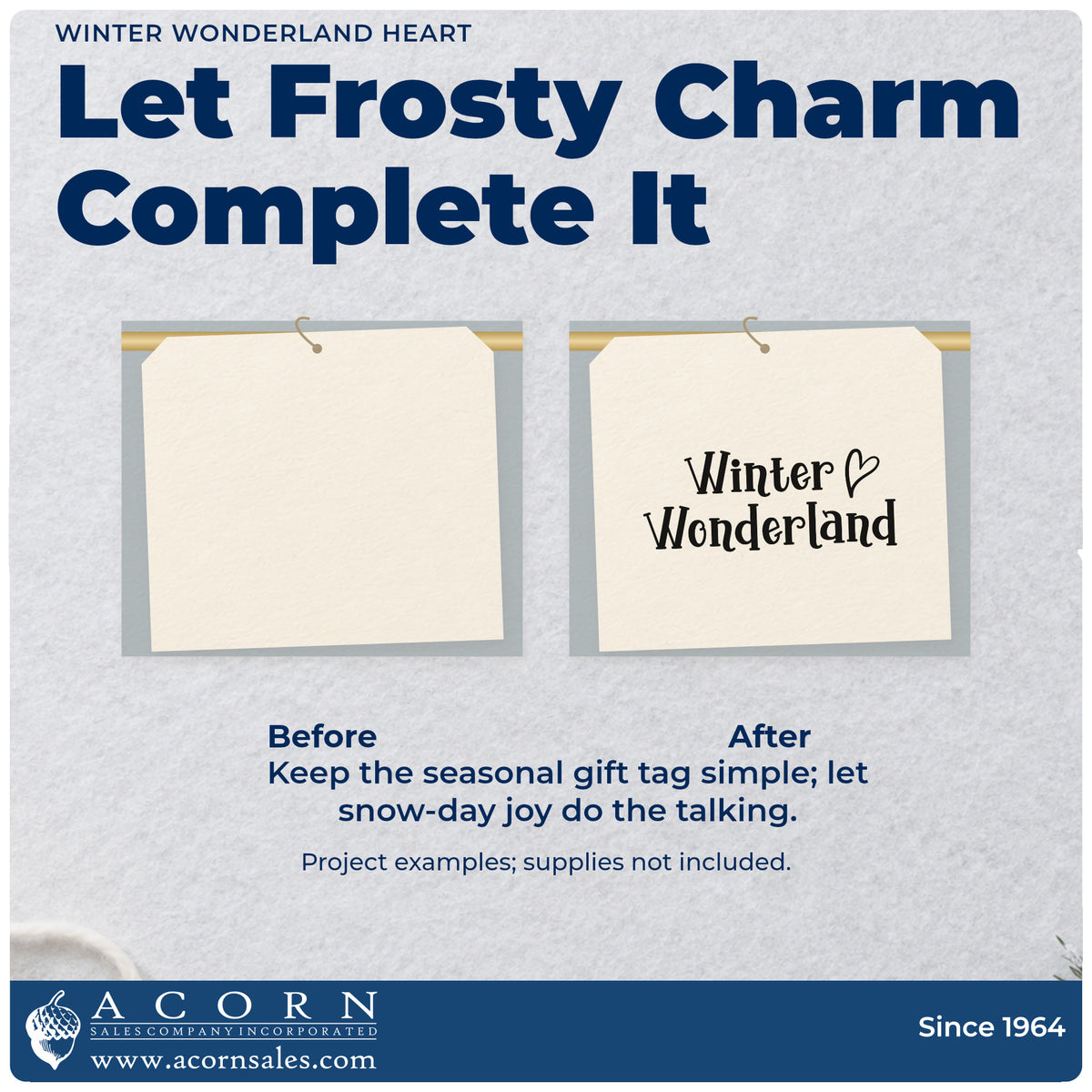 Before and after of a plain item finished with the Winter Wonderland Rubber Stamp – Wood Handle, a quick upgrade for framed hearth ledge.